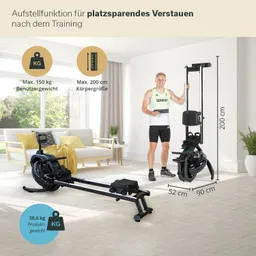 Rudergerät und Person in einem Raum. Gerät steht auf dem Boden, Maße und Gewichte sind angegeben. Helle Umgebung.
