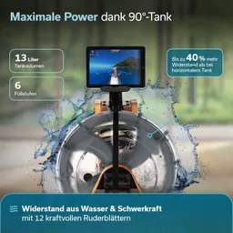 Rudergerät mit Wasserwiderstand, Monitor in der Mitte, technische Angaben zu Tankvolumen und Füllstufen, spritzendes Wasser.