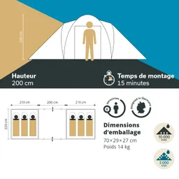 Zelt mit einer Höhe von 200 cm, Platz für 6 Personen, Montagezeit 15 Minuten, Maße 70x29x27 cm, Gewicht 14 kg.