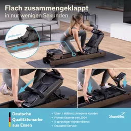 Fitnessgerät in einem modernen Raum, Person faltet Rudergerät zusammen. Übersicht mit Details und Marke.