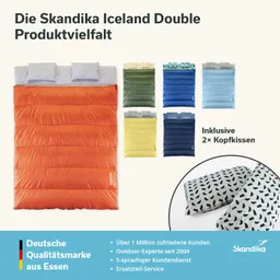 Mehrere Schlafsäcke in verschiedenen Farben sind abgebildet. Ein orangener Schlafsack ist im Vordergrund. Dazu gibt es zwei Kopfkissen mit einem geometrischen Muster. Informationen zu Skandika und deren Kundenservice sind im unteren Bereich aufgeführt.