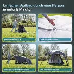 Vier Bilder zeigen den Aufbau eines Zeltes. Oben links: Person mit vormontiertem Gestänge. Oben rechts: Hand, die Stoff anhebt. Unten links: Person zieht Teleskopstangen heraus. Unten rechts: Zelt mit zwei Seitenwänden.