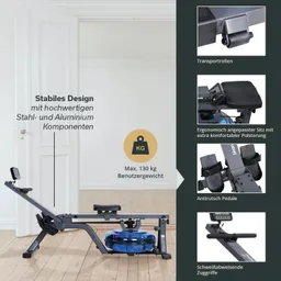 Rudermaschine mit stabiler Konstruktion, ergonomischem Sitz, Transportrollen und einer maximalen Benutzergewicht von 130 kg.