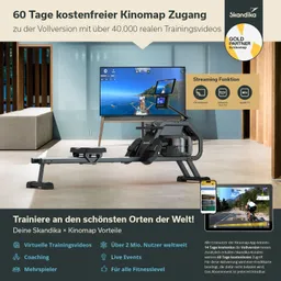Rudergerät vor einem Fernseher. Auf dem Bildschirm sind Trainingsvideos und Informationen. Hellblauer Raum mit Holzdetails.