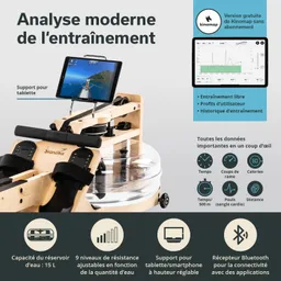 Wassertretgerät mit einer Holzstruktur, einer transparenten Wasserwanne und einer Tablet-Halterung. Grafiken und Texte informieren über Trainingsanalysen.