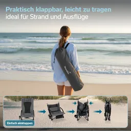 Eine Person steht am Strand mit einem zusammenfaltbaren Stuhl im Tragete bag. Im Vordergrund sieht man Schritte zum Einklappen des Stuhls.