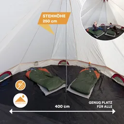 Zelt mit einem Innenraum, zwei Schlafsäcken auf Isomatten, hoher Stehhöhe von 250 cm, Platz für mehrere Personen.