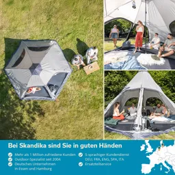 Ein großes, graues Zelt auf einer Wiese, umgeben von Personen, die entspannen und interagieren. Möbel und Decken sind sichtbar.