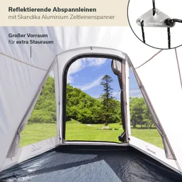Zeltinnenseite mit offener Tür, Blick auf eine grüne Wiese und Bäume im Freien, blauer Himmel mit wenigen Wolken.