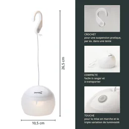 Kabellampe mit Haken, Maße: 26,5 cm hoch und 10,5 cm Durchmesser, in Weiß mit einem Schalter für Lichtstufen.