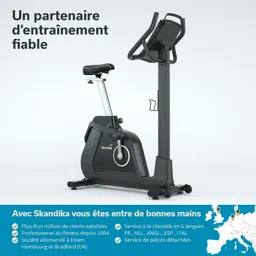Stationäres Fitnessgerät in Schwarz mit verstellbarem Sattel und Displays, neben Textinformationen zu einer Marke.