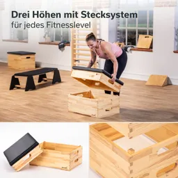 Holzkiste mit abnehmbarem gepolstertem Deckel, Person hebt Deckel an. Fitnessgerät im Raum mit Holzfußboden.