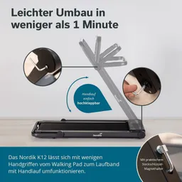 Nordik K12 Fitnessgerät mit hochklappbarem Handlauf, bedrucktem Text und Illustrationen zur Nutzungserklärung.