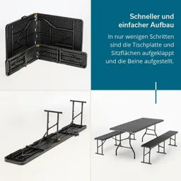 Faltbarer Tisch und Bänke, dargestellt in drei Phasen: zusammengeklappt, im Aufbau und vollständig aufgestellt.