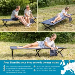 Das Bild zeigt eine Liege im Freien, auf der eine Person sitzt und eine andere Person liegt. Beide tragen legere Kleidung. Es sind grüne Wiesen und Bäume im Hintergrund zu sehen.