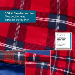 Rote und blaue Flanelloberfläche mit Karomuster. Textinformationen über Material und Qualität. Detailansichten zeigen Muster.