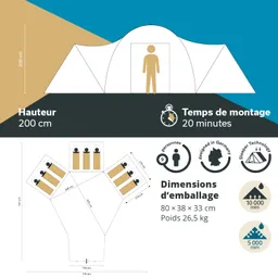 Grafik eines Zeltes mit Höhe von 200 cm, Montagezeit von 20 Minuten und Abmessungen des Packsacks. Enthält Piktogramme und Maße.