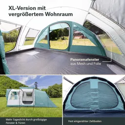 Zelt im Innenraum mit großem Wohnbereich und Panoramafenstern. Außenansicht des Zeltes mit großzügigen Fenstern und Türen.