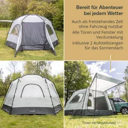 Zelt in grauer und heller Farbgebung auf einer Wiese, umgeben von Bäumen. Zwei Ansichten des Zeltes, Sonnenpavillon.