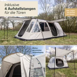 Zelt in hellen Farben auf einer Wiese, umgeben von Bäumen. Aufstellstangen und überdachter Eingang sind sichtbar.