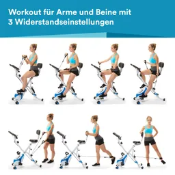 Fitnessgerät mit Anleitung für ein Workout für Arme und Beine in drei Widerstandseinstellungen. Sechs Übungen gezeigt.