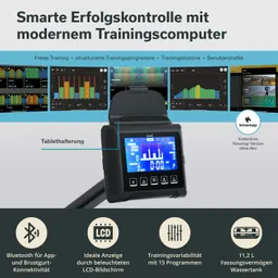 Display eines Trainingscomputers mit Tablet-Halterung, umgeben von Grafiken und Informationen über Trainingsprogramme und Funktionen.