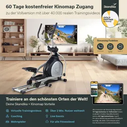 Ein eleganter Crosstrainer steht auf einem Holzboden vor einem Fernseher. Der Fernseher zeigt eine Trainingslandschaft. In der unteren Bildhälfte sind Informationen zu einem kostenlosen Kinomap-Zugang und Vorteilen aufgelistet.
