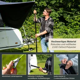 Person montiert ein schwarzes Zelt aus 210D Oxford Polyester mit Aluminiumspanner neben einem Wohnwagen in der Natur.
