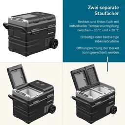 Kühlbox mit zwei separaten Fächern, individuelle Temperaturregelung, Rollen und wechselbare Deckelöffnung.