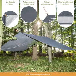 Graue Plane zwischen Bäumen im Wald. Details über Materialien und Eigenschaften sind sichtbar.