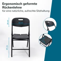 Schwarzer Klappstuhl mit ergonomisch geformter Rückenlehne. Maße sind sichtbar: 24 cm, 45 cm, 46 cm, 39 cm, 41 cm.