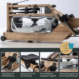 Rudergerät aus Holz mit transparentem Wassertank, verstellbaren Fußauflagen und ergonomischem Sitz.