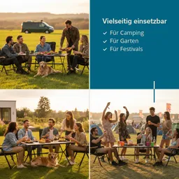 Sechs Personen sitzen um einen Tisch im Freien, essen und trinken. Ein Hund liegt auf dem Gras. Im Hintergrund sind Zelte und eine Landschaft zu sehen. Oben rechts steht "Vielseitig einsetzbar" mit Aufzählungen.