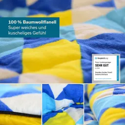 Buntes Baumwollflanell mit Quadraten in Blau, Gelb und Weiß. Textinformationen über Qualität und Auszeichnung sichtbar.