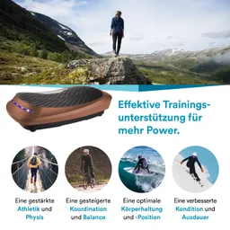 Ein Trainingsgerät in Braun auf einem Feld mit einem Berg im Hintergrund. Eine Person steht auf einem Felsen. Textdetails unten.