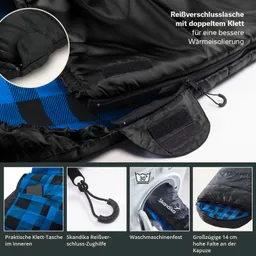 Schwarzer Schlafsack mit innerer Klett-Tasche und Reißverschlusszughilfe. Hervorgehobene Details zur Waschmaschinentauglichkeit und Kapuze.