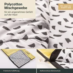 Polyester-Baumwoll-Mischgewebe mit schwarzem Muster auf hellem Hintergrund. Teil eines Schlafsacks mit gelbem Innenfutter, gezeigte Reißverschlussdetails.