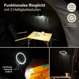 Ringlicht und Ventilator in einem Zelt. Ein Tisch mit einem Getränk und einer Zeitschrift. Decke mit buntem Muster im Vordergrund.