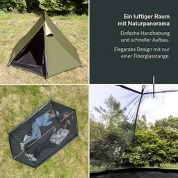 Ein grünfarbenes Zelt steht auf einer Wiese. Rechts oben ist ein Textfeld. Unten links liegen zwei Personen in einem Netz-Zelt. Rechts unten ist der Blick durch das Netz auf Bäume.