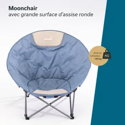 Runder Faltstuhl mit blauer Polsterung und grauem Kopfteil, beschriftet mit Produktinformationen.