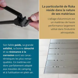 Bild zeigt einen Teil eines Möbelstücks mit Aluminiumkomponenten. Texte in zwei Feldern beschreiben Materialeigenschaften.