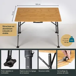 Faltbarer Tisch mit einer Holzoberfläche, stabiler Aluminiumstruktur und verstellbaren Füßen. Maße: 100 cm x 72 cm. Maximale Last: 100 kg.