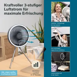 Ventilator mit dreistufigem Luftstrom auf Tisch, daneben Wasser und Schreibtischutensilien, grüne Pflanze im Hintergrund.