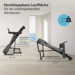 Eine hochklappbare Lauffläche steht in einem Raum mit Fenstern und Meerblick. Maße und Angaben sind sichtbar.
