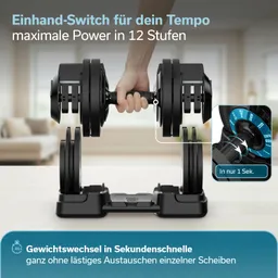 Hanteln mit einem Gewichtswahlsystem, das schnell in 12 Stufen eingestellt werden kann. Eine Hand hält den Griff.