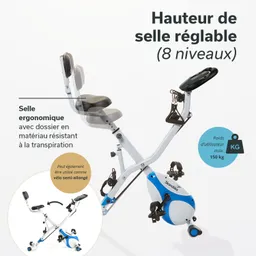 Fahrrad mit verstellbarem Sattel, ergonomischem Design und Rückenlehne, in Weiß und Blau, max. Benutzergewicht 150 kg.