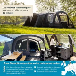 Zelt in einer grünen Wiese mit Panoramafenstern. Oben links: Zeltansicht mit Licht. Unten links: Innenszene mit Tisch. Unten rechts: Person kocht.