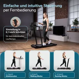 Person läuft auf einem Laufband in einem modernen Raum. Hinweise zur Steuerung und Geschwindigkeitsmodi sind abgebildet.
