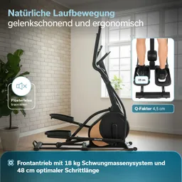 Ein stehendes Fitnessgerät mit elliptischen Pedalen, in einem hellen Raum mit Fenstern und Pflanze.