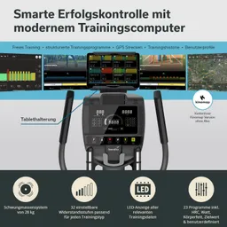 Moderne Trainingsmaschine mit Tablet-Halterung, Widerstandseinstellungen, LED-Anzeige und verschiedenen Trainingsprogrammen.